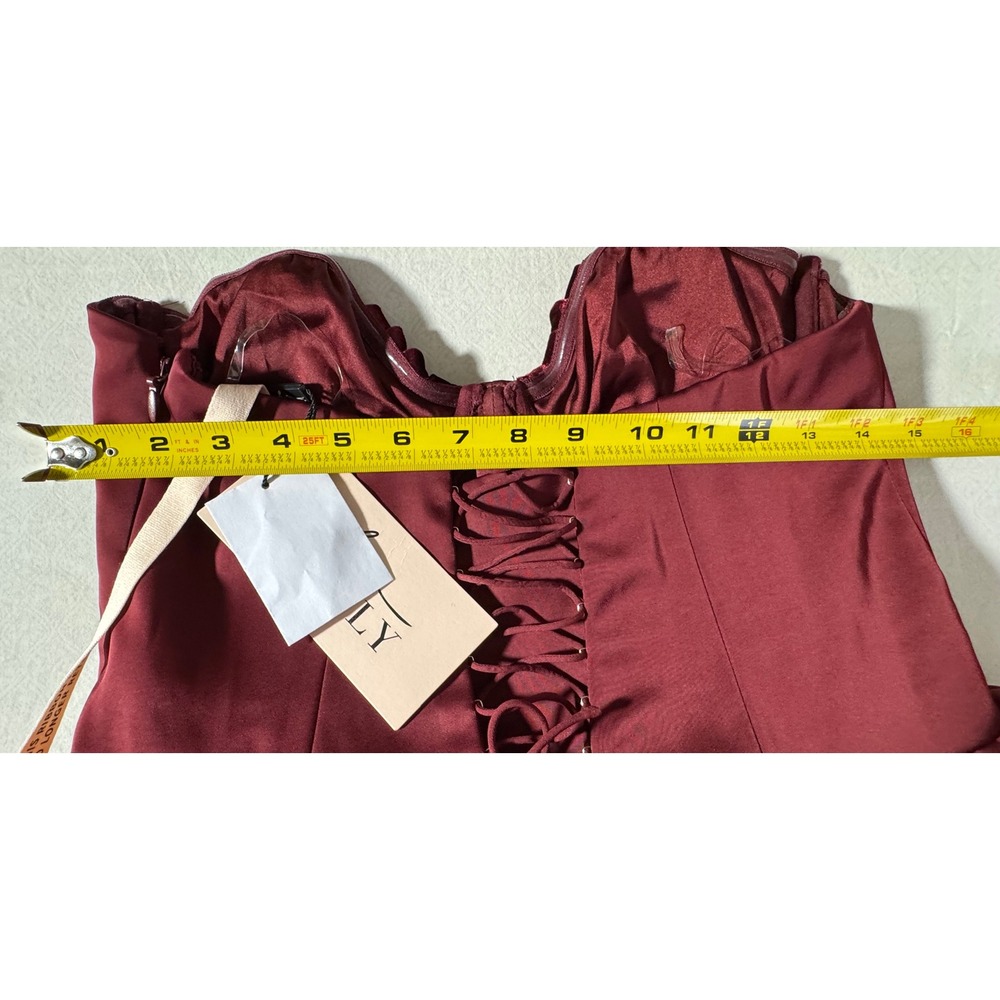 Oh Polly Burgundy Strapless Corset Midi Dress Velvet Bust Lace Up Back US 10 New - Picture 8 of 9
